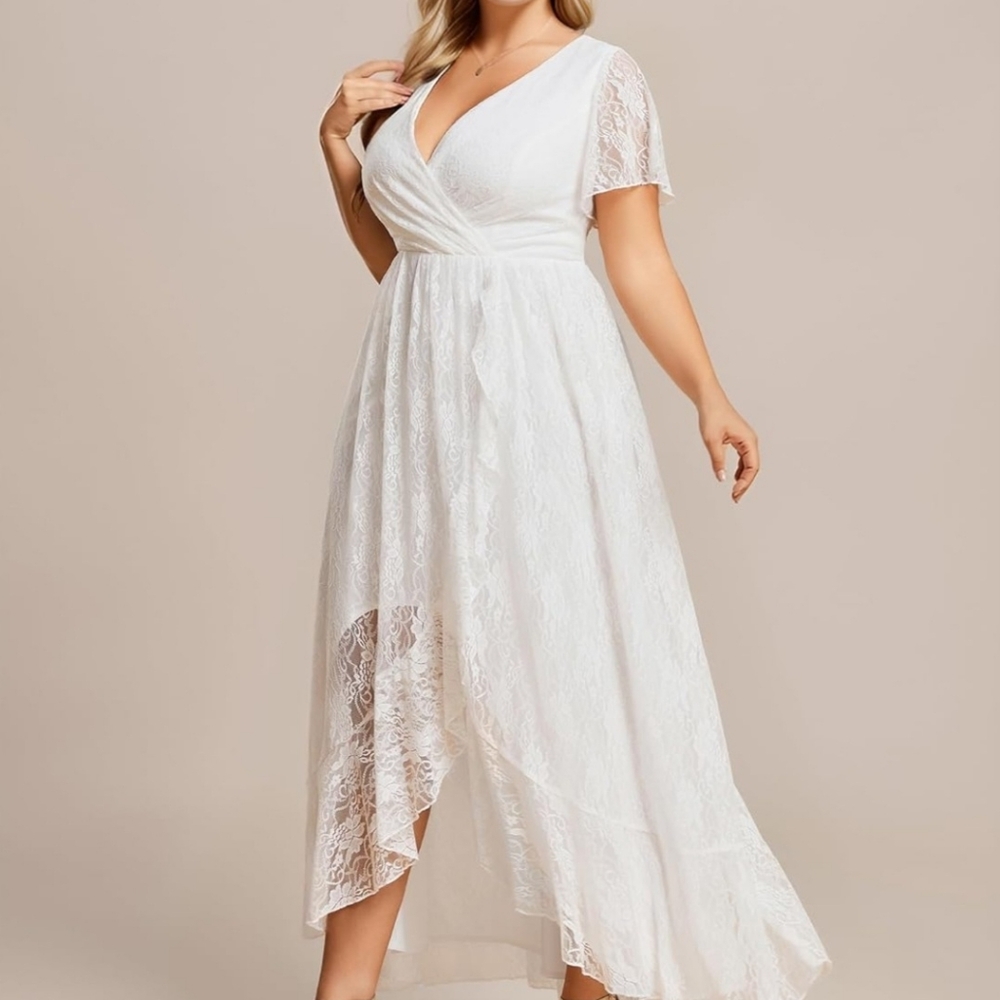 Ever-Pretty V-Neck Ruffles Sleeves High Low Lace Size 16 Wedding Dress - Picture 3 of 6